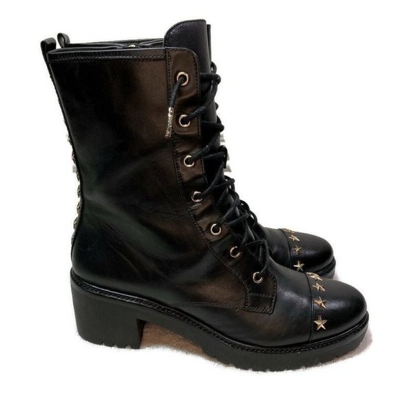 Michael Kors Womens Cody Gold Star Studded Leather Combat Boots 8.5 Black RARE - Picture 1 of 12